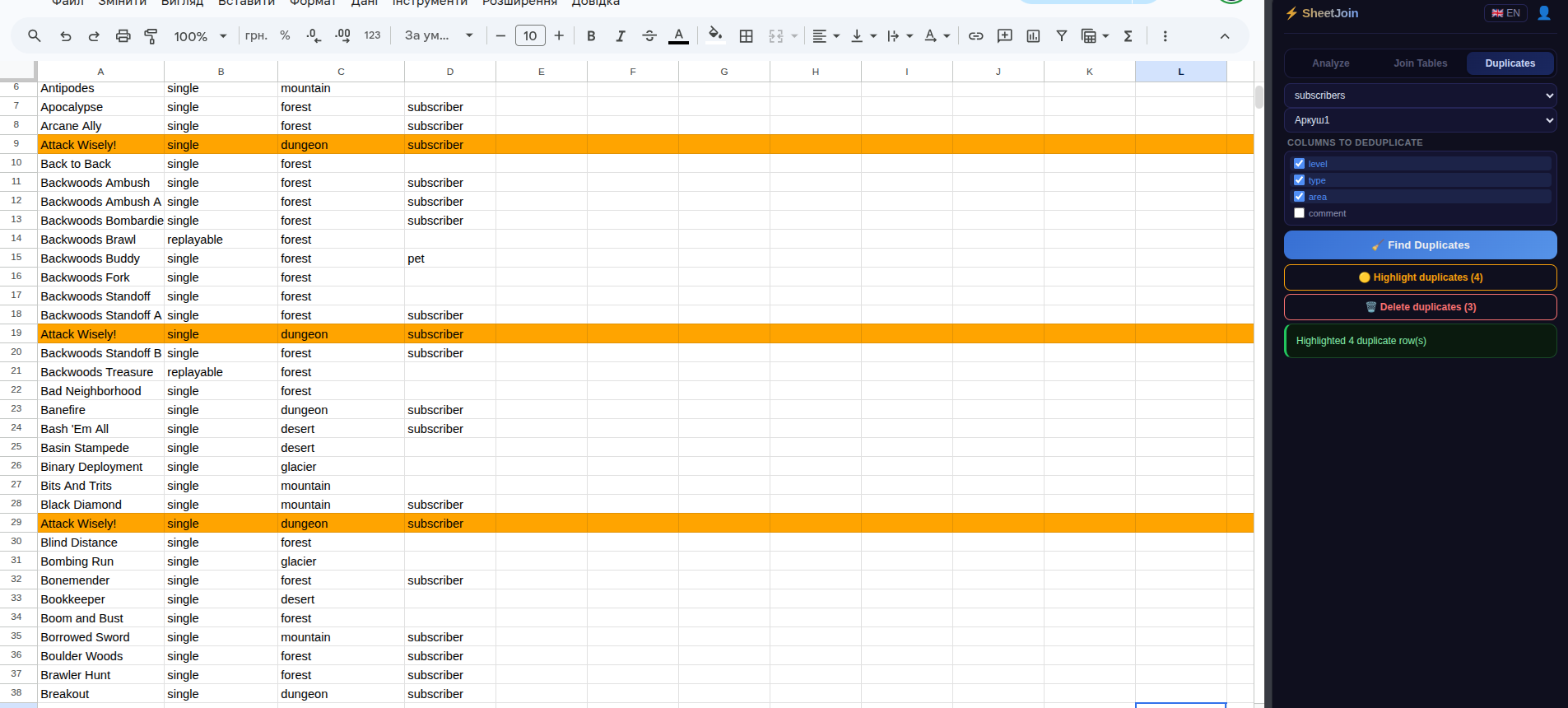 SheetJoin extension showing Join Tables, Find Duplicates and AI Analysis panels